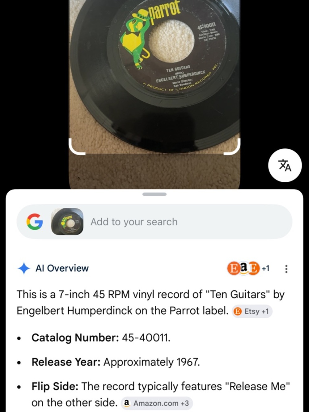 Parrot Black Vinyl Single with Yellow and Green Parrot Label